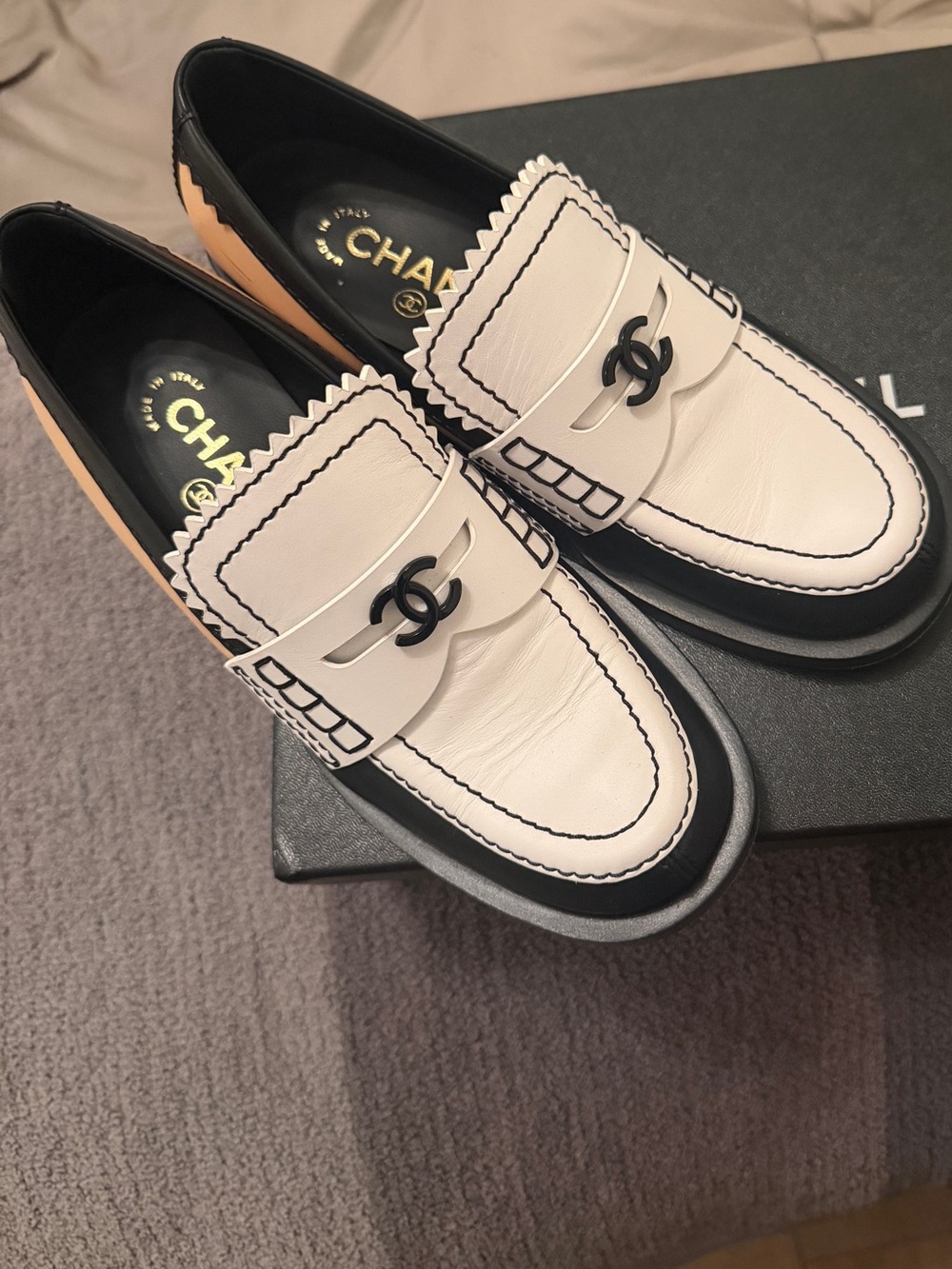 CHANEL White and Black Leather Penny Loafers with Tan Accent